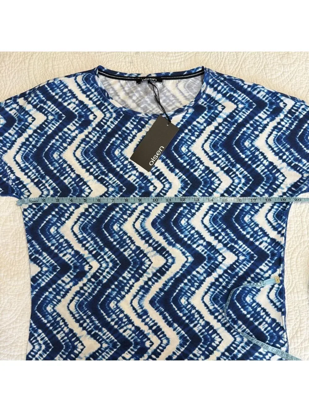 Olsen Blue White Tie Dye Chevron Short Sleeve Cotton Top T-Shirt Womens Size 6 - Picture 5 of 12